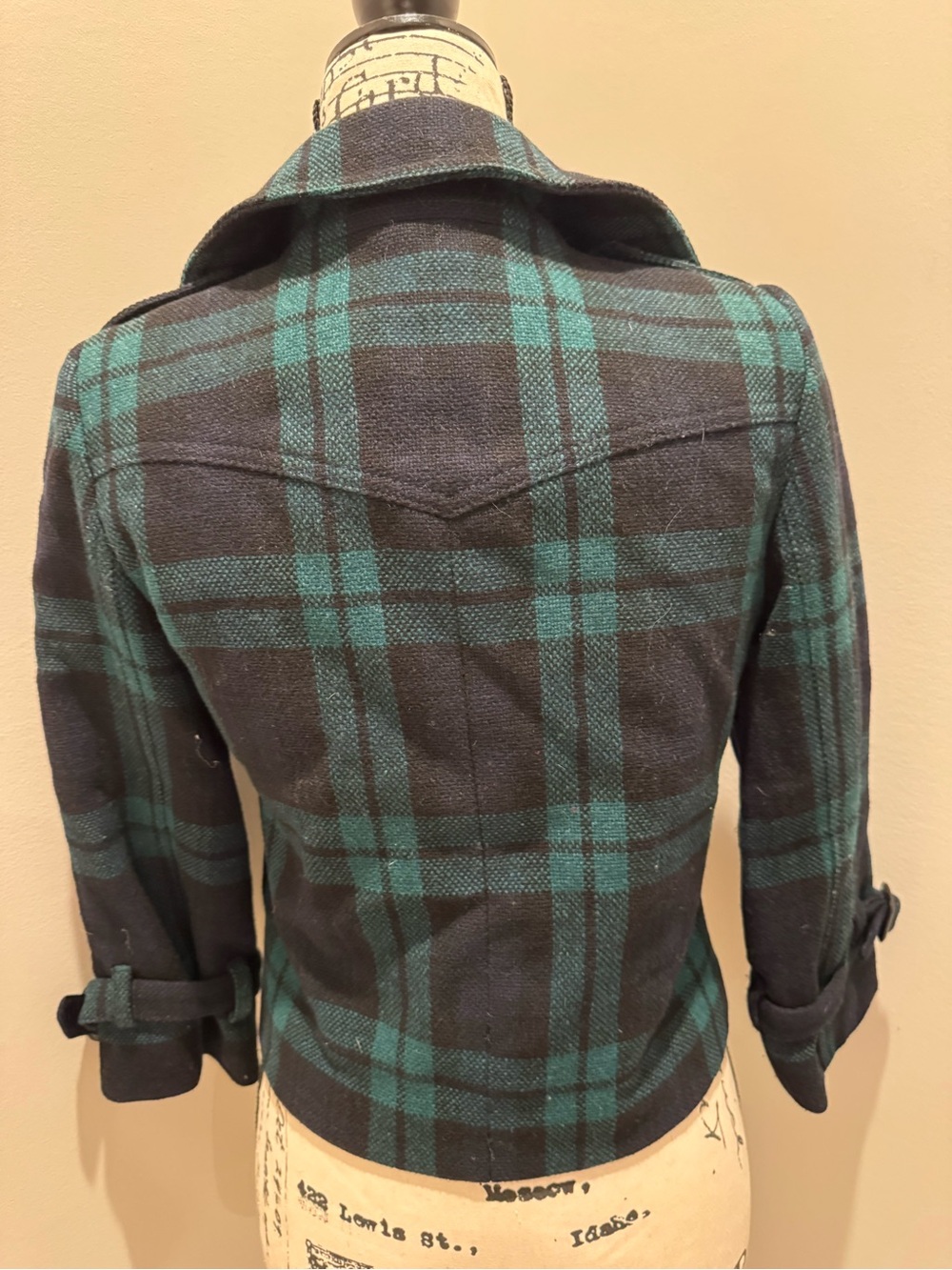 Rare Vtg J.Crew Wool Jacket Cropped Green Black Watch Plaid Peacoat 89712 sz 0 - Picture 4 of 12